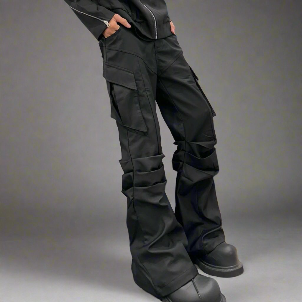 Large Pocket Pleated Black Cargo Pants Men - TRENDYS