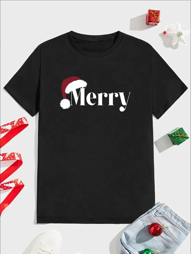 Merry Men's Casual T-shirt, Cartoon Christmas Hat Design T-shirt Round Neck