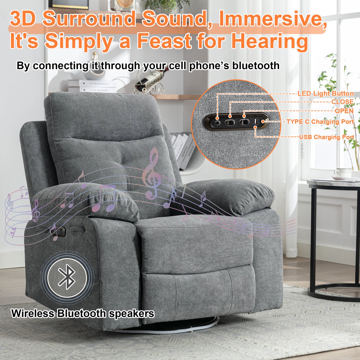 Rotating Electric Recliner Sofa with speaker & LED light - TRENDYS