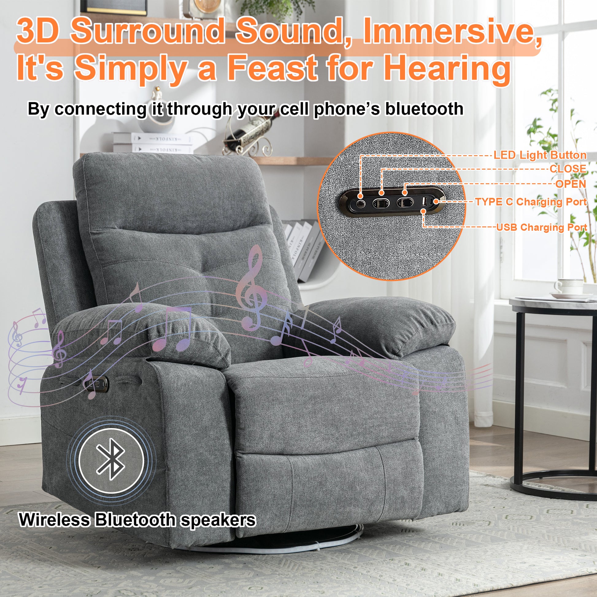 Rotating Electric Recliner Sofa with speaker & LED light - TRENDYS