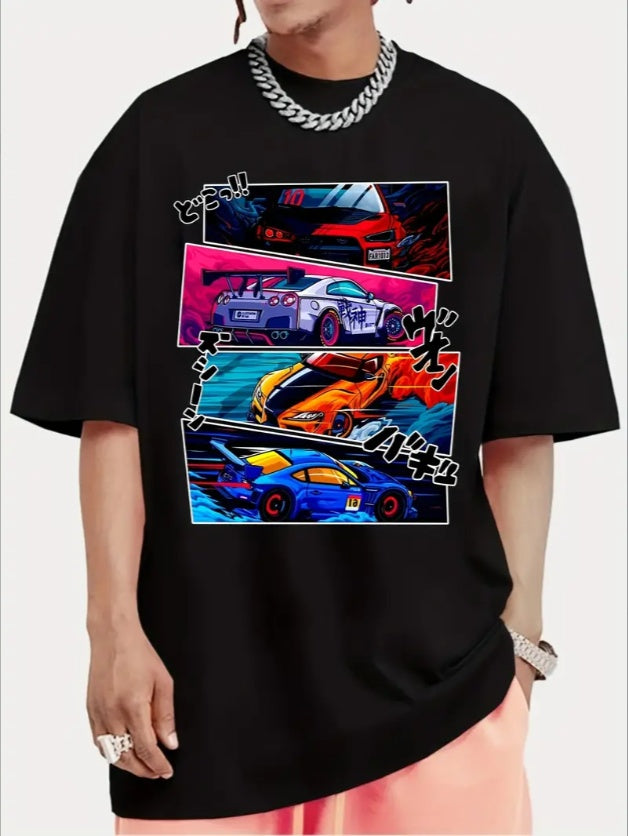 Men Street Style T-shirt, Short-sleeved T-shirt, Summer Outdoor Sports Car Print T-shirt - TRENDYS